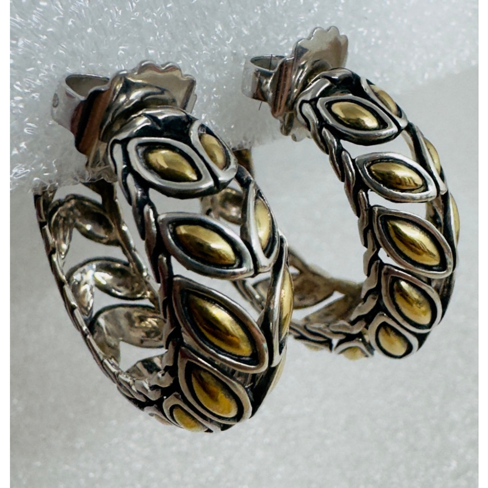 John Hardy Kawung 925 Sterling Silver and 18K Gold Hoop Earrings 3/4 Diameter